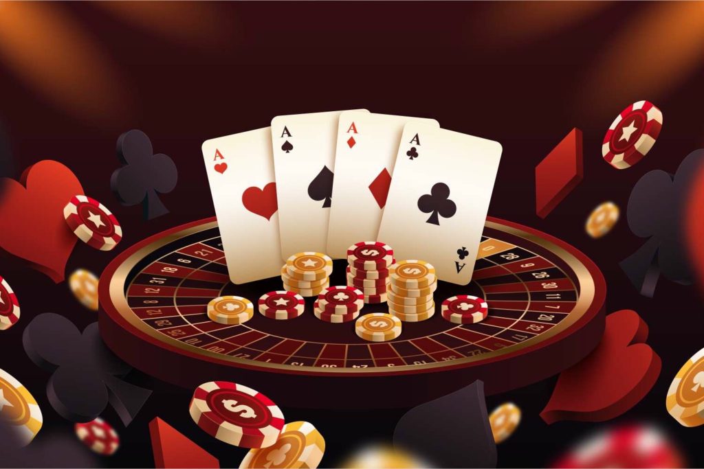 Playing cards, chips and a roulette wheel representing the games on My Master Teen Patti